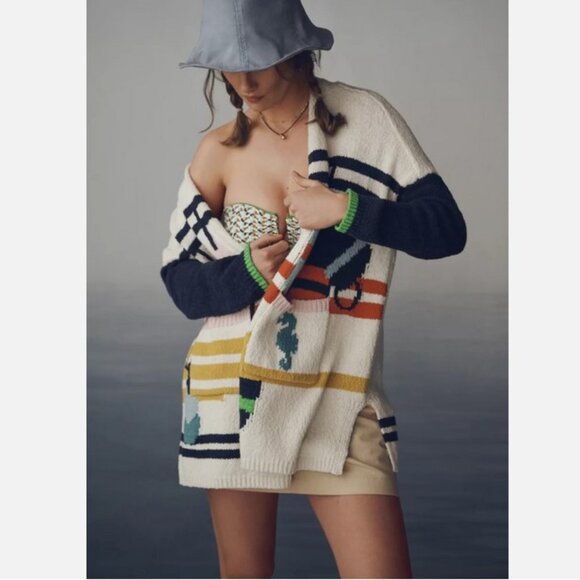 Anthropologie Maeve Nautical Buoy Cardigan Sweater Whale Seahorse 3X NWT Plus - Picture 4 of 10